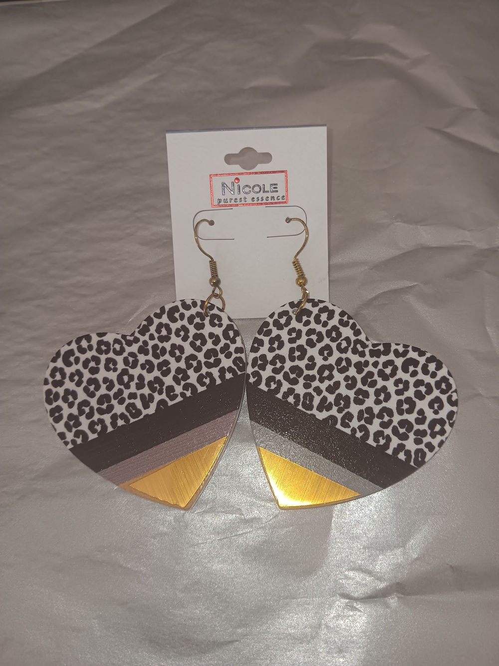 Nicole Leopard-Print Heart Earrings with Black, Gray and Gold Accents